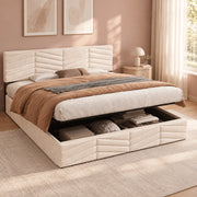 Letto matrimoniale imbottito in velluto beige 160x200 cm con contenitore idraulico e testiera regolabile