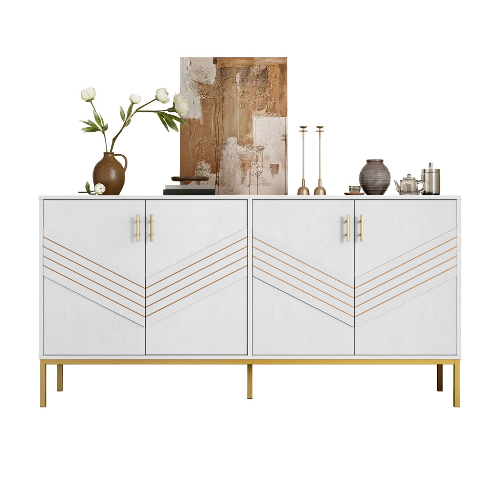 Credenza 160 × 40 × 80,5 cm quattro ante due ripiani regolabili MDF bianca con venature del legno e dettagli dorati