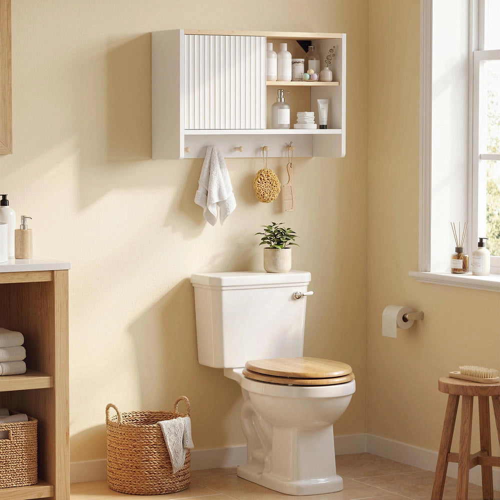 Mobiletto pensile da bagno con anta, ripiani aperti e 5 ganci, armadietto da parete salvaspazio e pratico per casa
