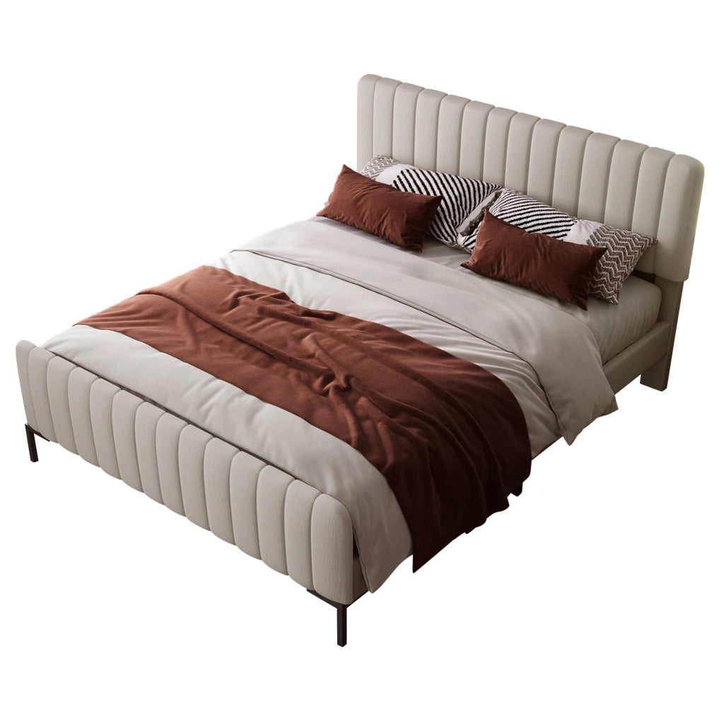 Letto matrimoniale imbottito 180x200 cm con rete a doghe e testiera regolabile in lino grigio-beige