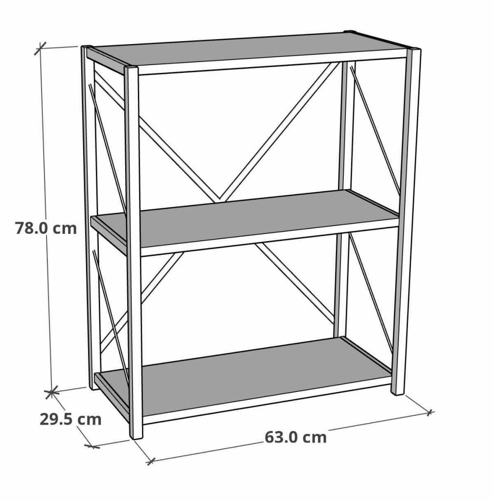 Libreria, 3 ripiani, bianca, 78x30x60 cm, realizzata in legno e metallo