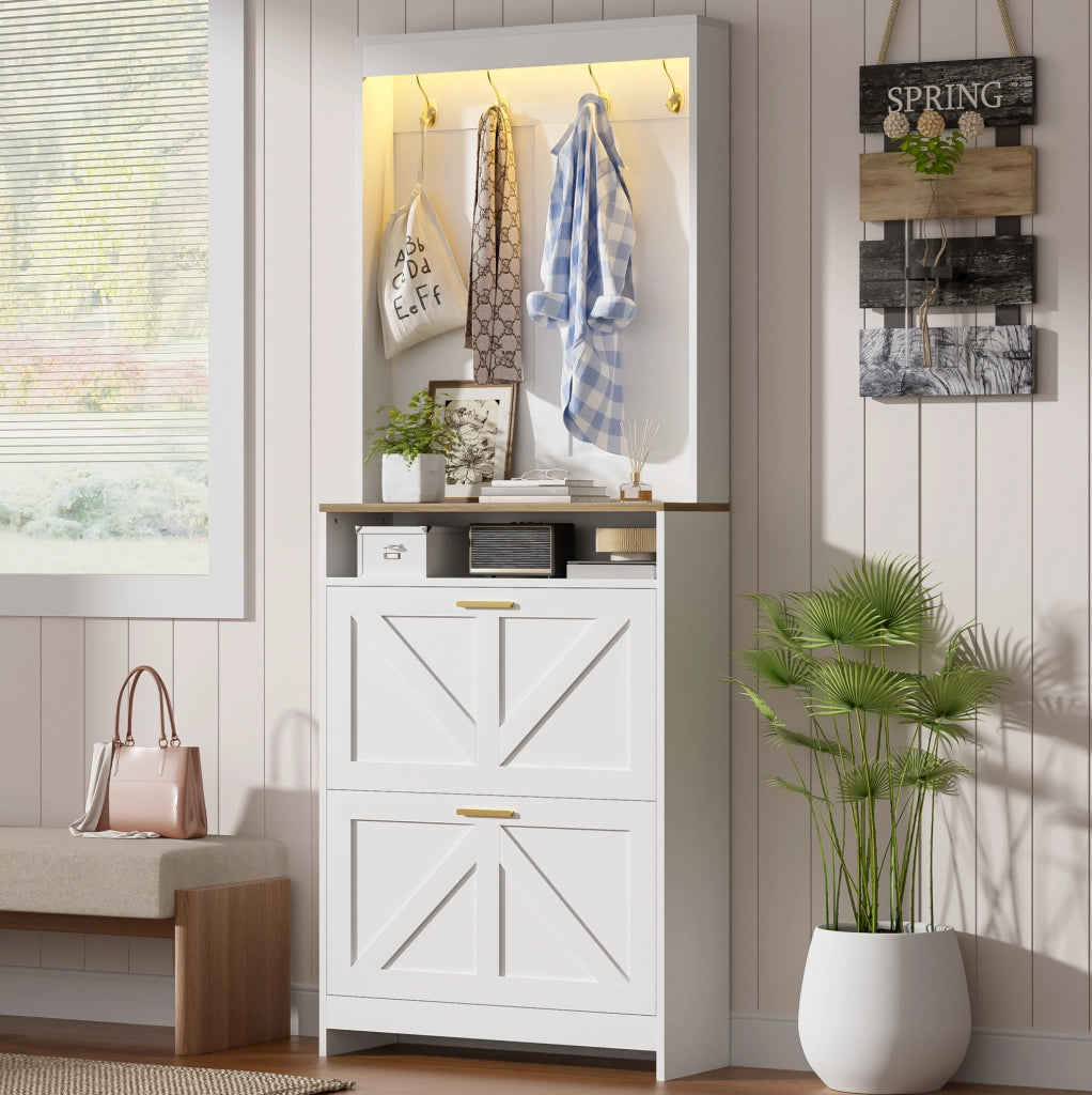 Scarpiera slim con LED, 2 vani a ribalta e ganci, bianco e naturale, 70 x 24 x 180 cm