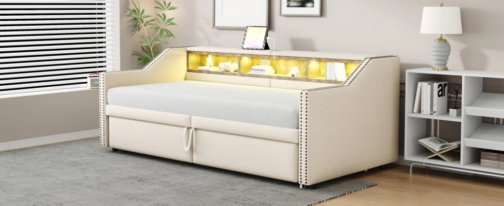 Divano Letto Estraibile 90/180 x 200 cm in Tessuto Beige con Luce LED, Porta USB e Rete a Doghe