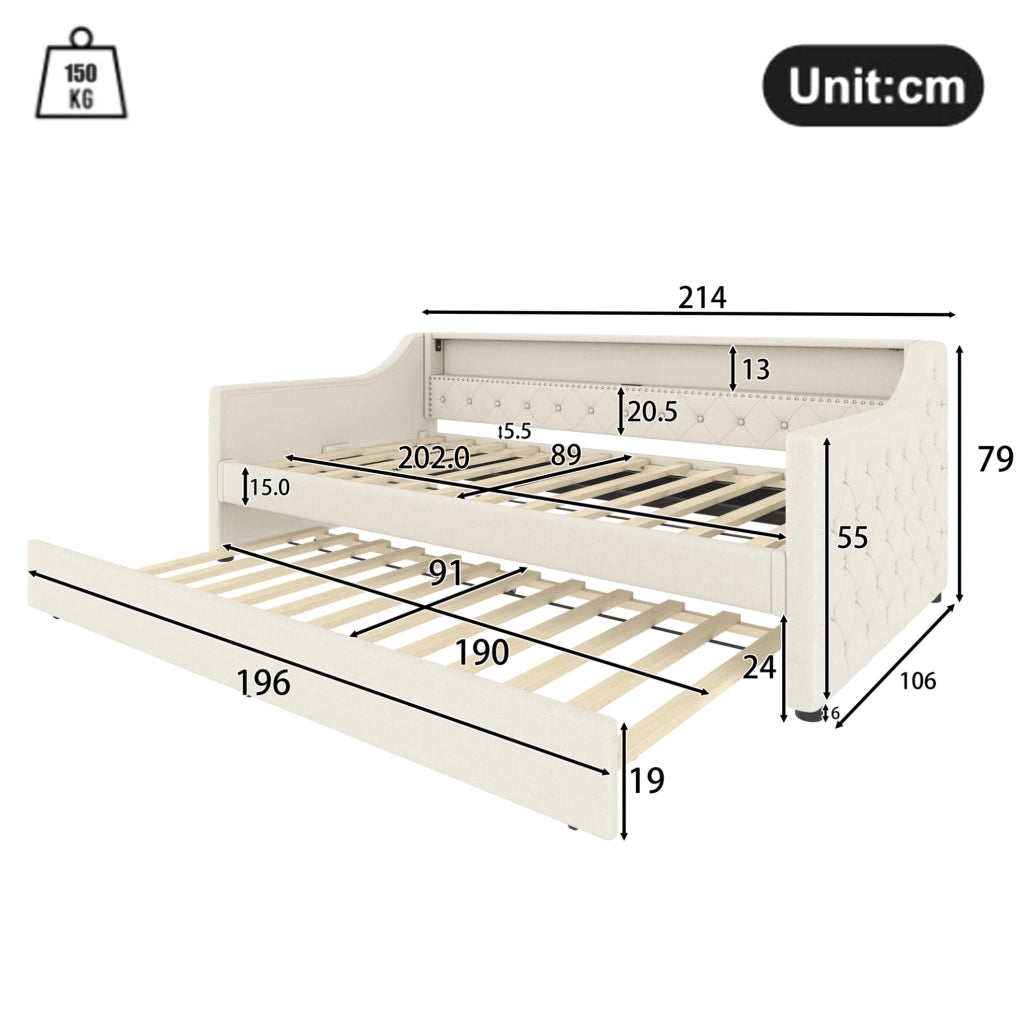 Daybed con rete a doghe 90x200 cm, divano letto con LED integrati e porta USB, lino beige, con letto estraibile