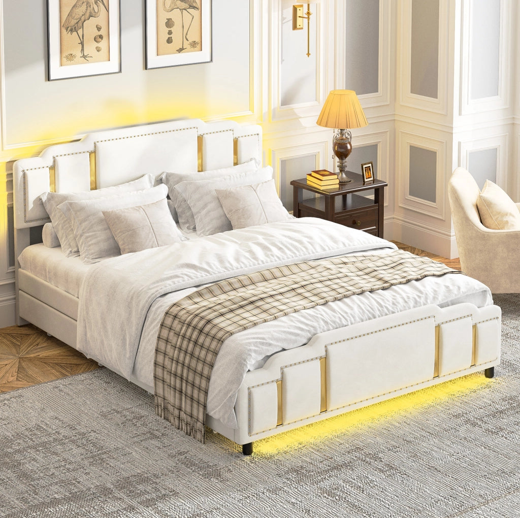 LETTO Imbottito 140x200 cm in velluto beige con LED e 4 cassetti