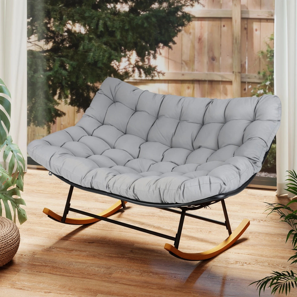 Sedia a dondolo papasan doppia 2 posti in metallo grigio con cuscino spesso 20 cm, poltrona relax per giardino e casa