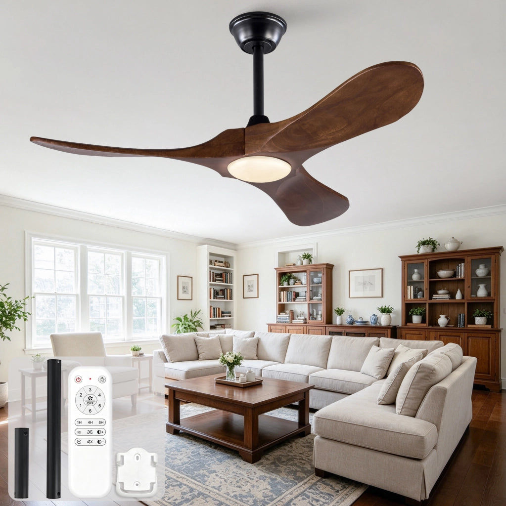 Ventilatore da soffitto con luce a LED, pale in legno massello, nero e noce