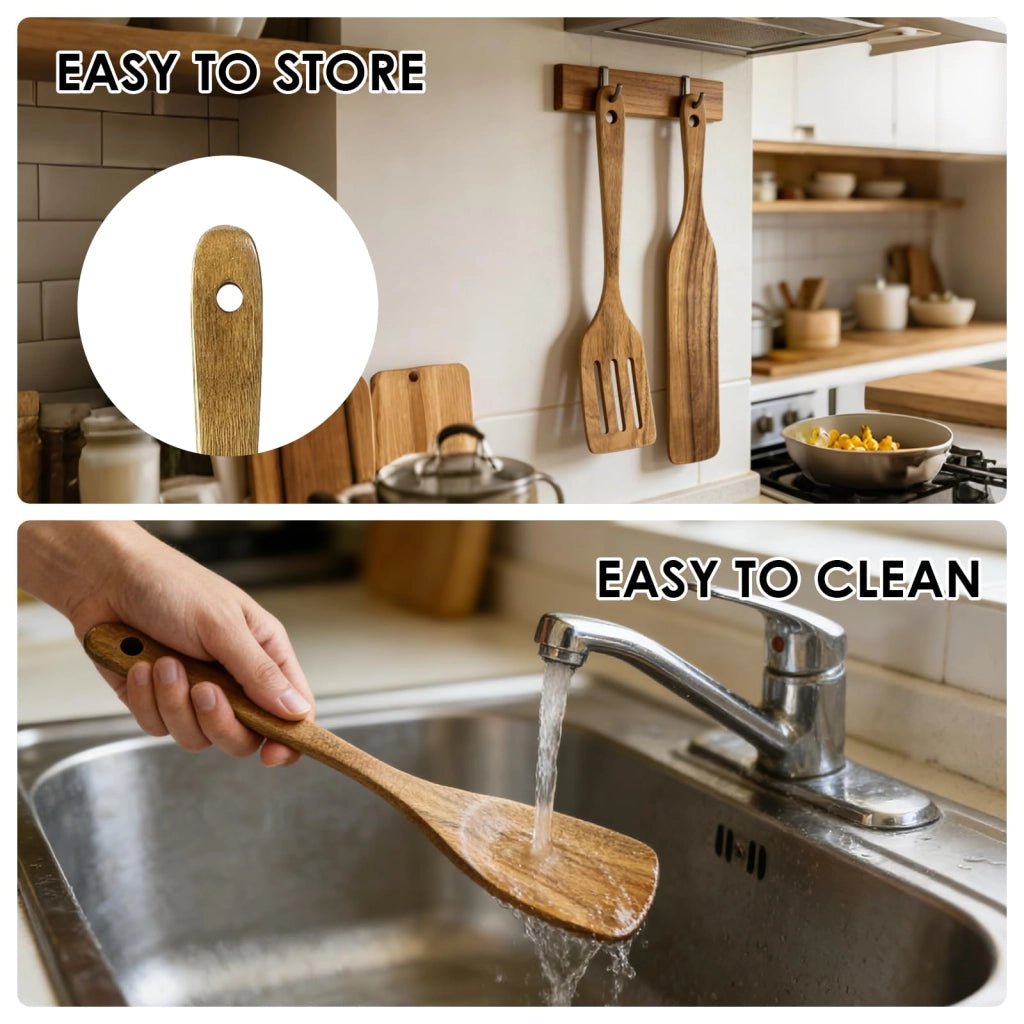 Set di 5 utensili da cucina in legno, realizzati in legno di acacia, composto da spatola e cucchiai