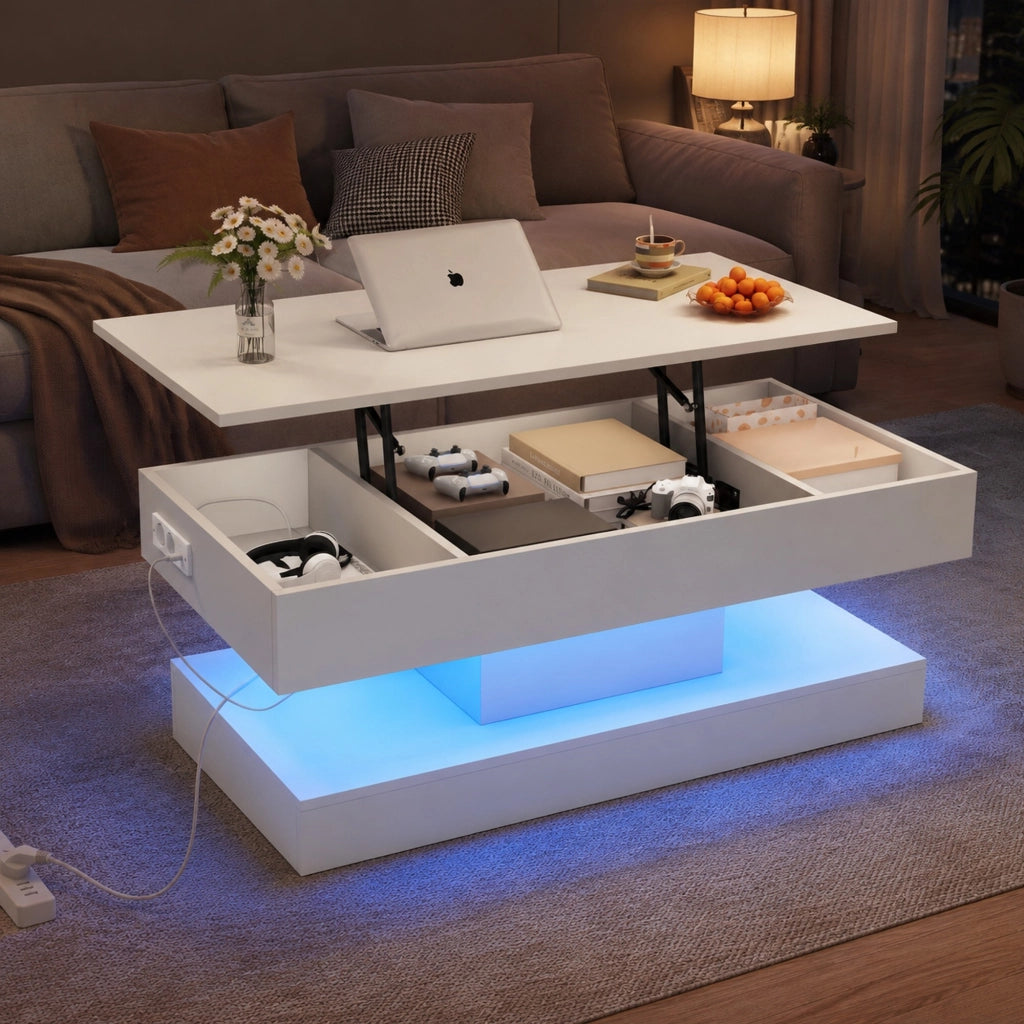 Tavolino da caffè sollevabile 100x50x42 cm bianco con LED e vano contenitore