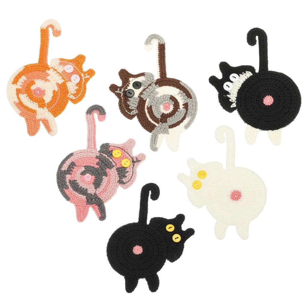 6 sottobicchieri a forma di gatto, lavorati all'uncinetto, diametro 15 cm, design divertente, 6 colori diversi