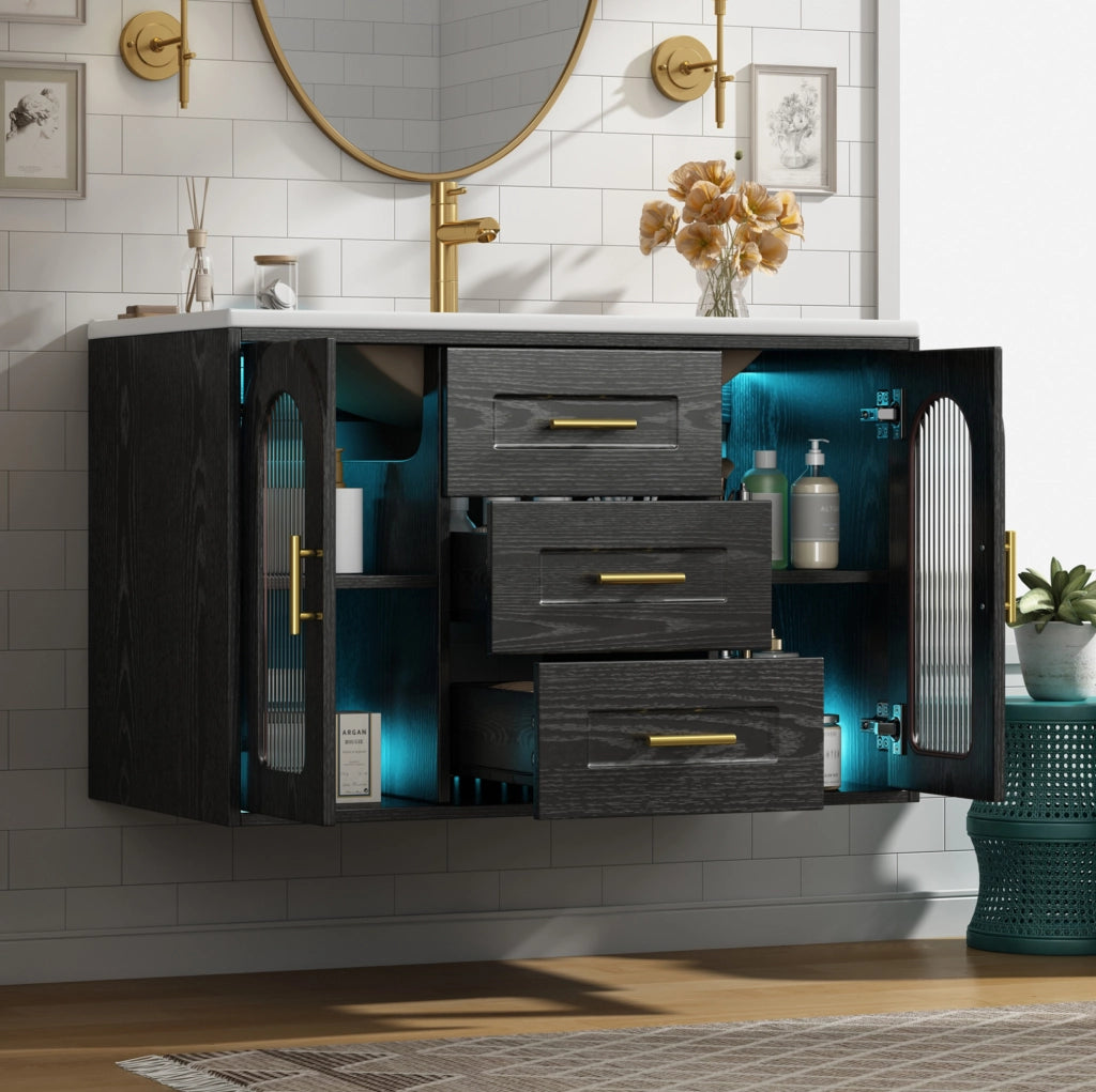 Mobile lavabo sospeso 76x46x55 cm in MDF nero con lavabo in ceramica e LED