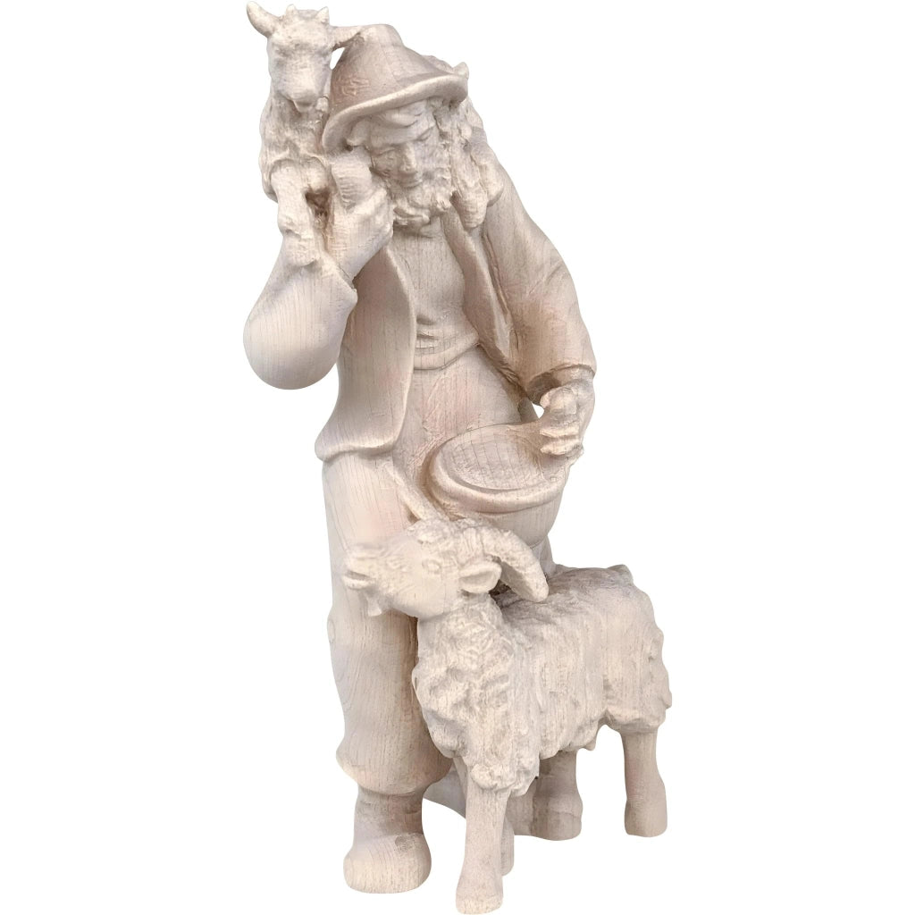Figura per presepe: pastore con barba, cappello e 2 capre, 7 cm, legno