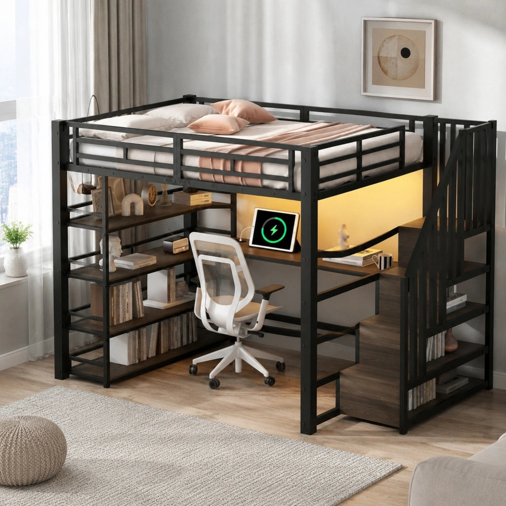 Letto a soppalco in metallo 140x200 cm con scrivania integrata, scala contenitore, luce LED e porta USB, nero