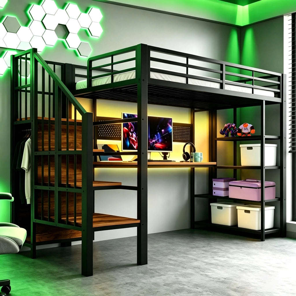 Letto a soppalco 90x200 cm con scrivania; scala contenitore; LED e prese; in metallo e legno; nero