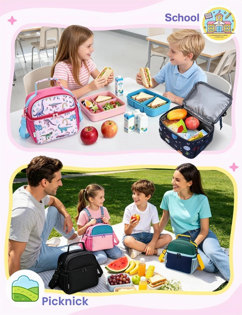 Borsa termica per il pranzo, per bambini, con 2 scomparti, motivo dinosauri rosa, dimensioni 24x19x25 cm