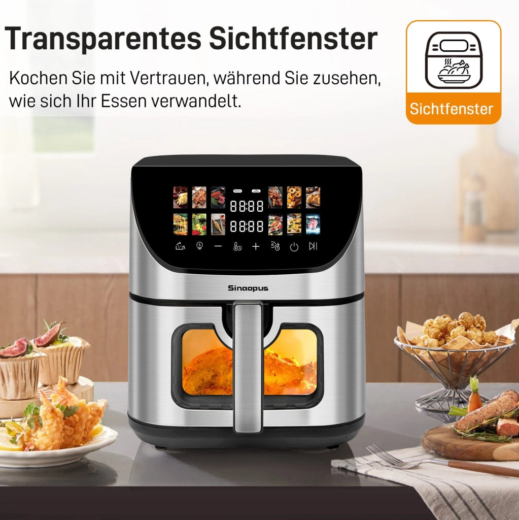 Friggitrice ad aria calda XXL 8,5 L nera con oblò, display a colori, 12 programmi