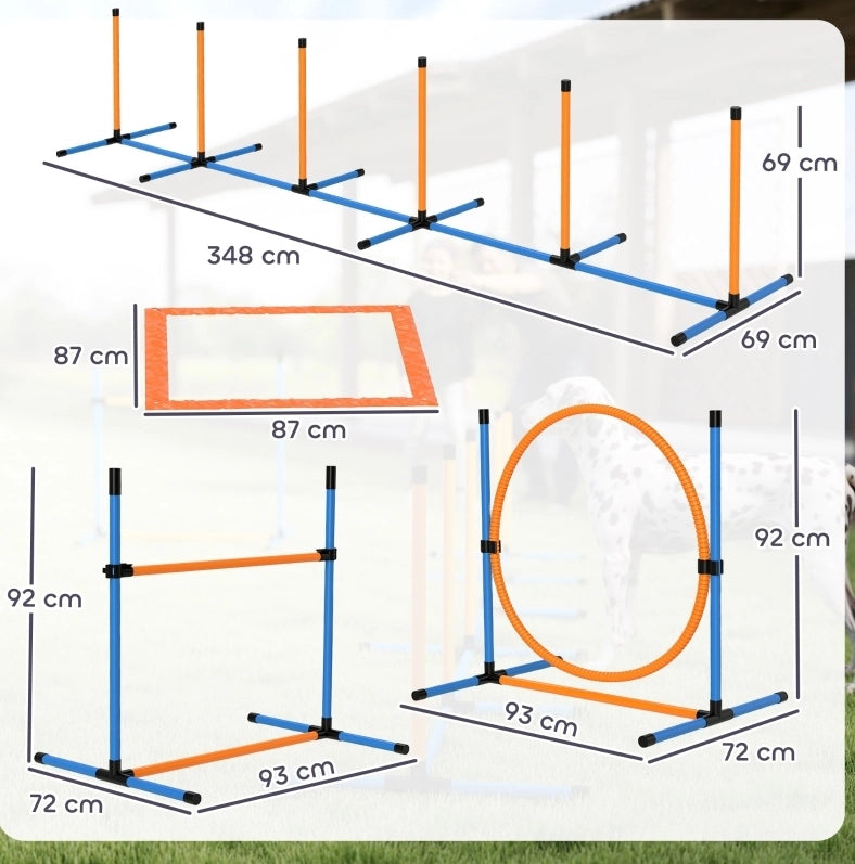 Set agility per cani con ostacolo, cerchio e pali da slalom blu