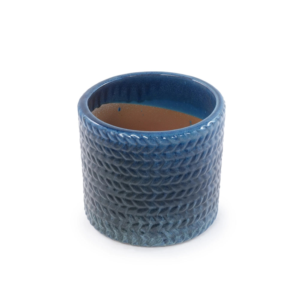 Vaso in ceramica blu scuro Ø 17,5 cm con rilievo a spina di pesce