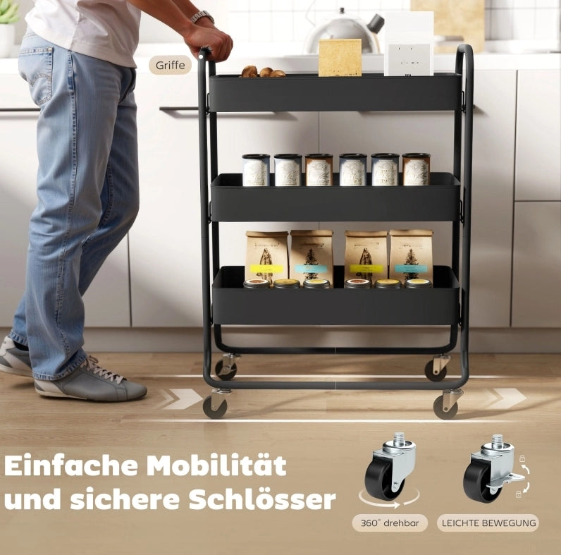 Carrello da cucina nero in metallo con 3 cestelli e 4 ruote, 64,5x34x87 cm