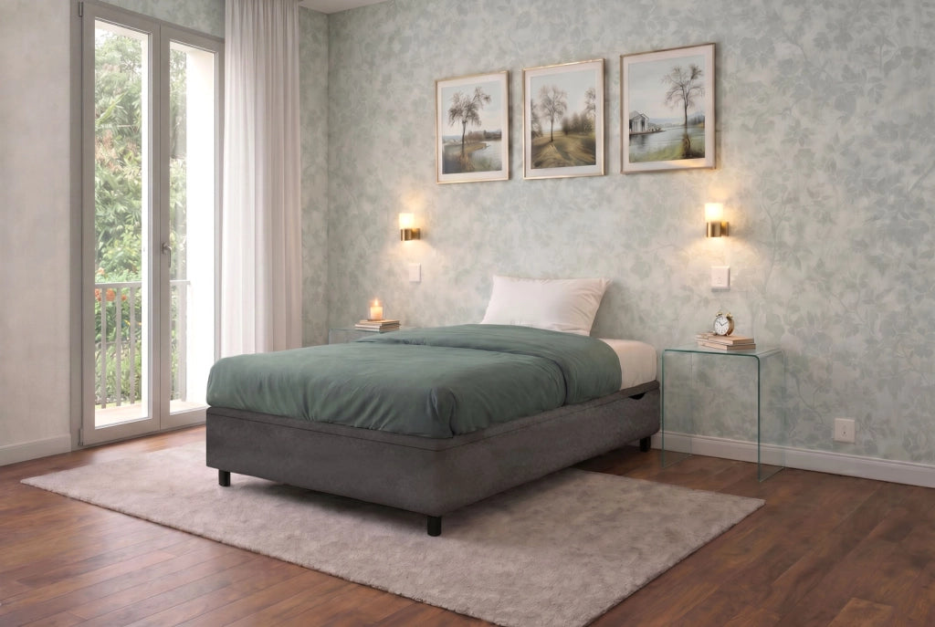 Letto Singolo Contenitore Imbottito 80x200 cm Microfibra Grigio BoxMax