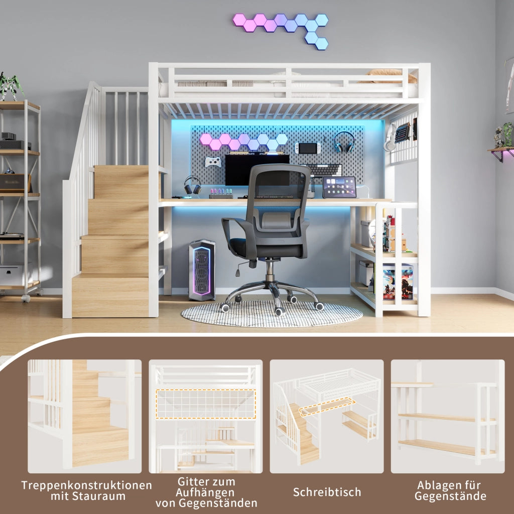 Letto a soppalco 90x200 cm per bambini con LED; scrivania; prese USB e Type-C; ripiani; metallo bianco