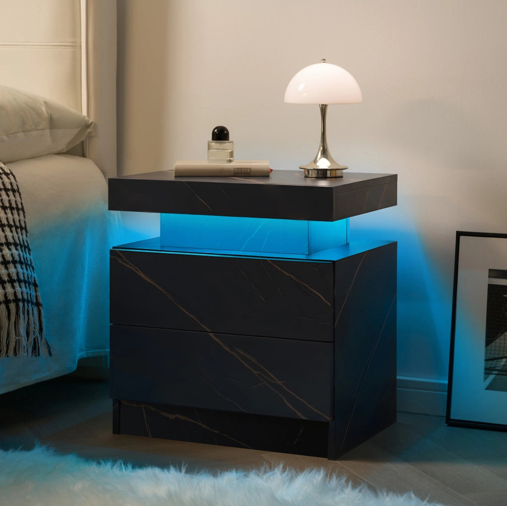 Comodino con luci LED regolabili e 2 cassetti, design moderno nero e oro per camera da letto
