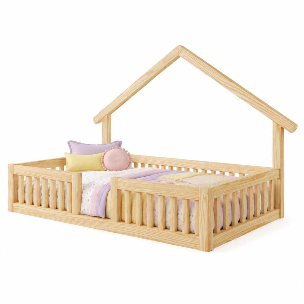 Letto a casetta per bambini 90x200 cm; con sponda di sicurezza e luci LED; in legno; naturale; senza materasso