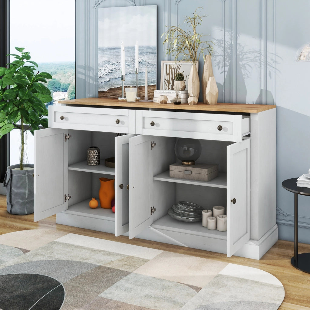 Credenza 150 × 40 × 86 cm con 4 ante 2 cassetti e ripiani regolabili in MDF e truciolato bianco e legno naturale