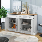 Credenza 150 × 40 × 86 cm con 4 ante 2 cassetti e ripiani regolabili in MDF e truciolato bianco e legno naturale