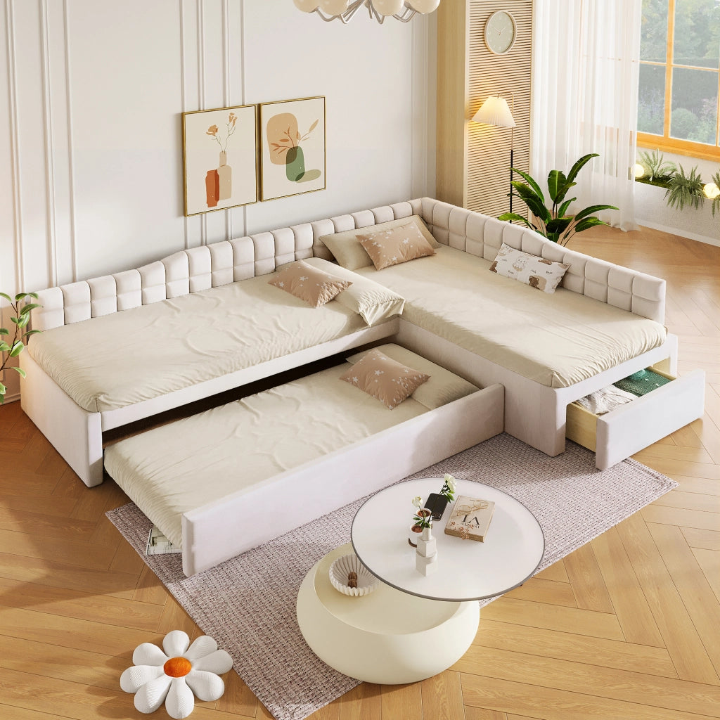 Letto imbottito angolare 90x200 cm beige con letto estraibile