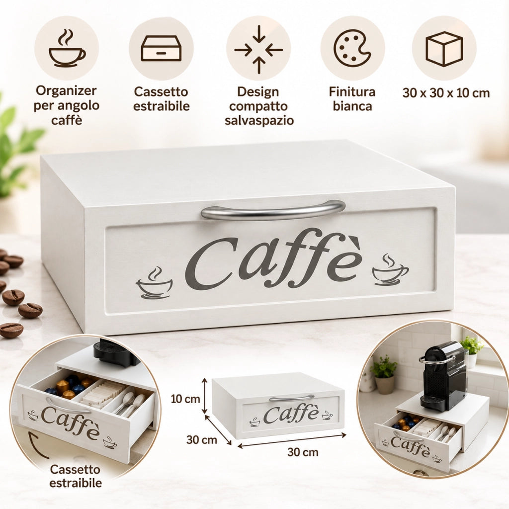Cassetto Porta Cialde Caffè Bianco 30x30x10 cm Organizer con Scritta 2 Colori