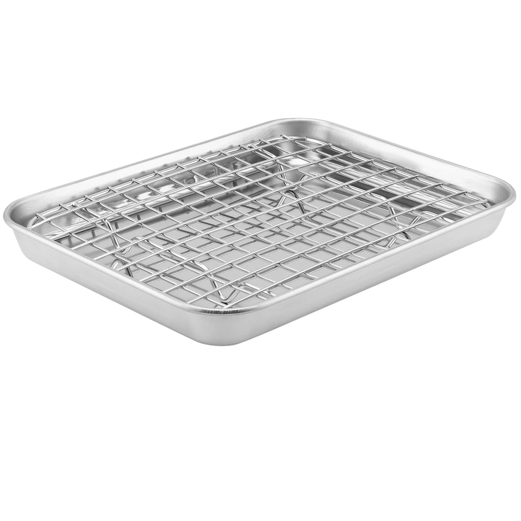 Set di teglie da forno con griglia, 2 pezzi, acciaio inossidabile, 23,5 x 17,5 x 2,5 cm