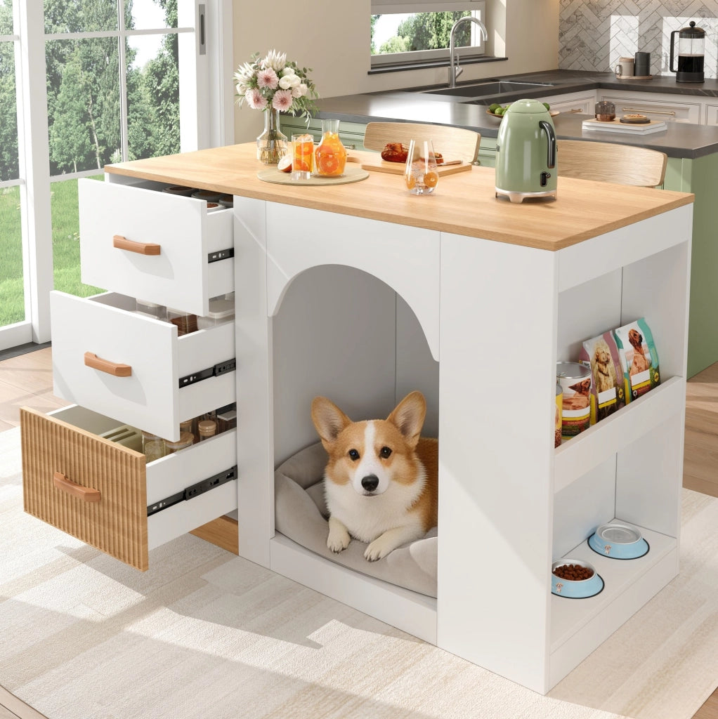 Isola da cucina con 3 cassetti e spazio per animali, bianca, 120 x 60 x 90 cm