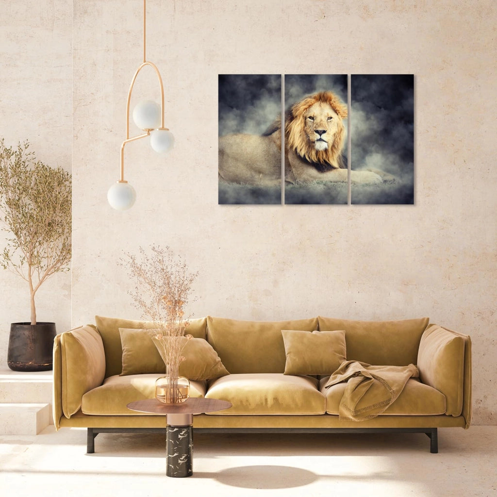 Set di tre quadri da parete "Leone nel tessuto", dimensioni 90x60 cm