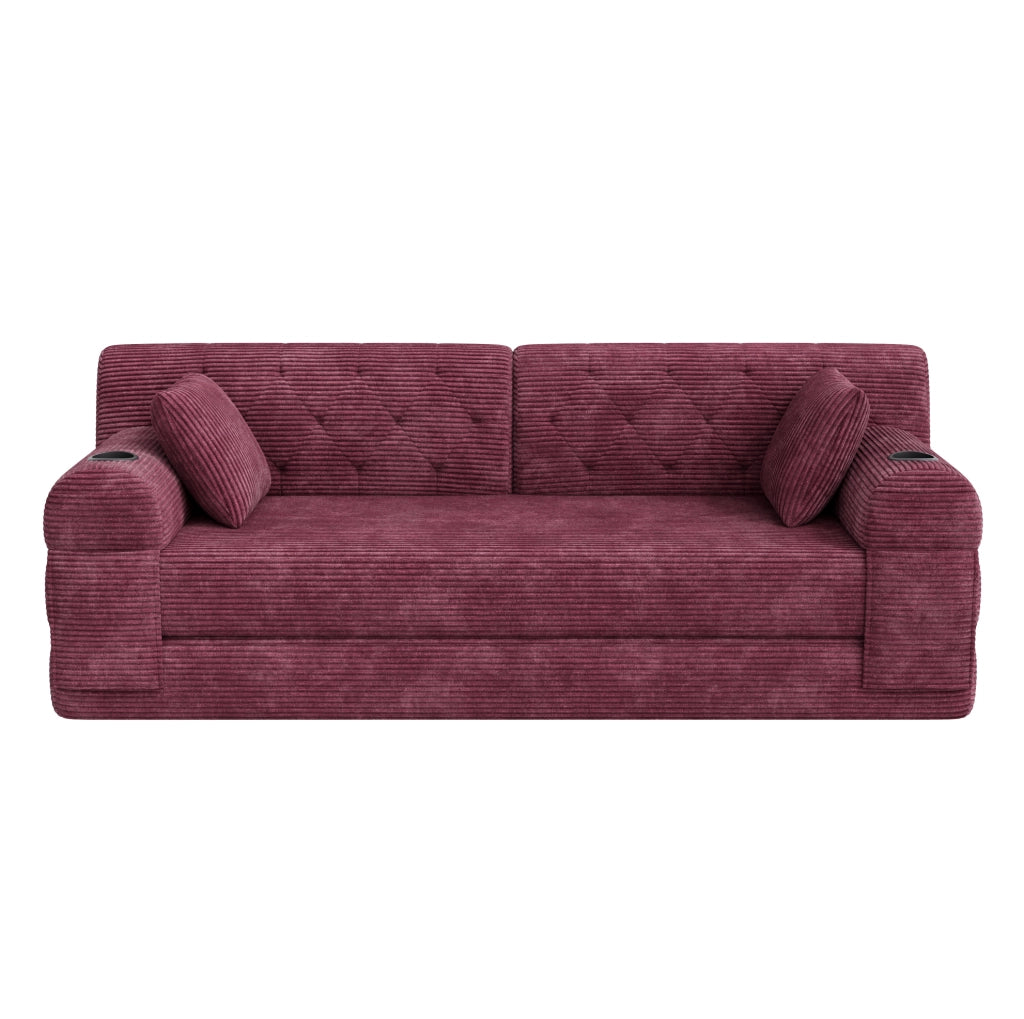 Divano letto 208x80x81 cm velluto a coste bordeaux con tasche laterali