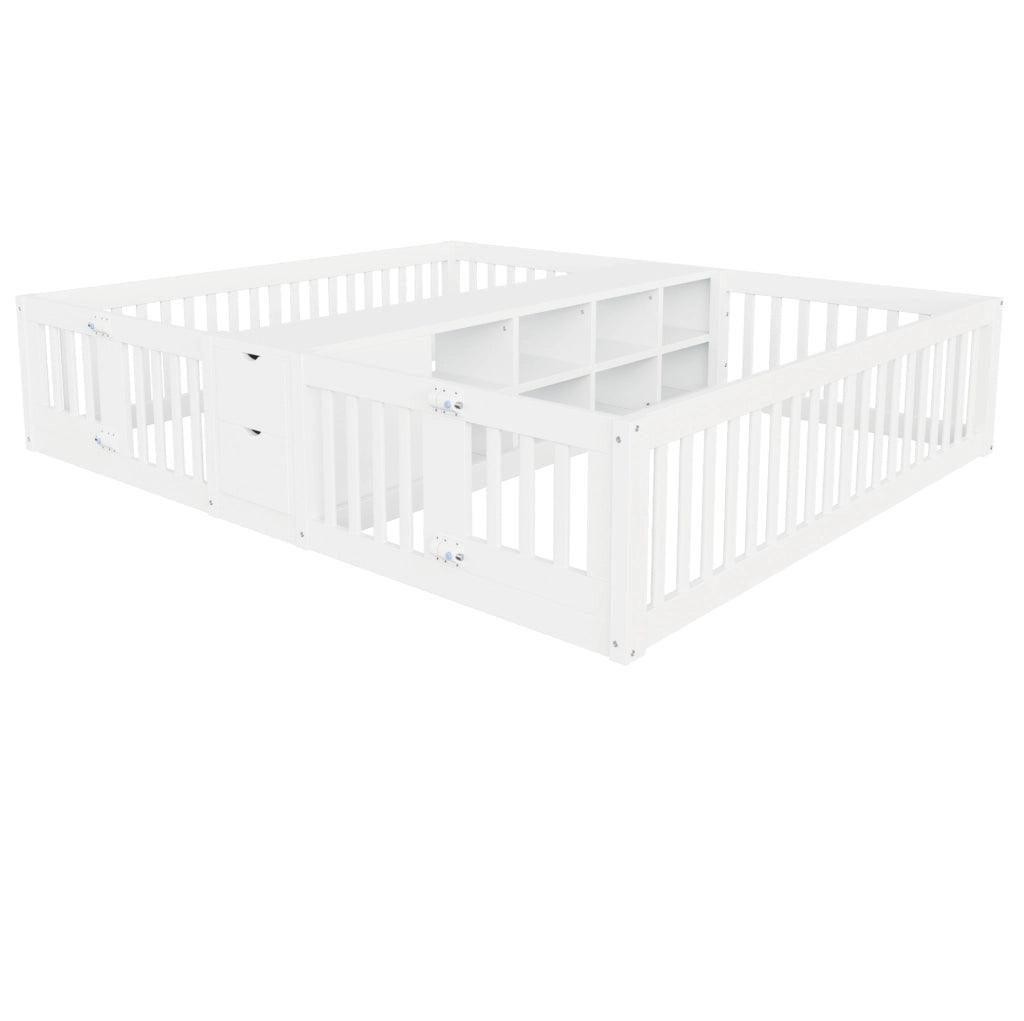 Letto a castello in legno 90x200 cm con cassetti e scaffali doppi, struttura robusta con sponde di sicurezza bianche per bambini