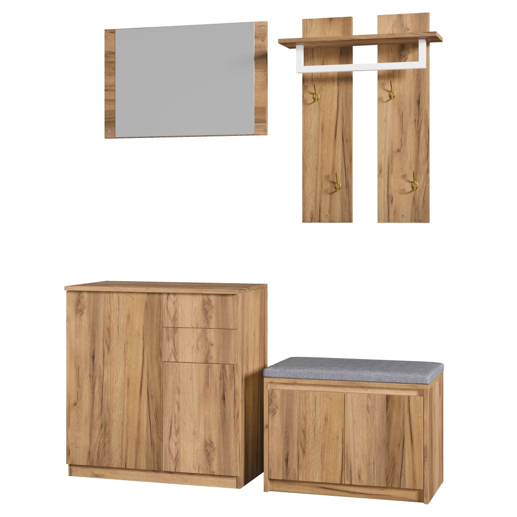 Set mobili ingresso con specchio appendiabiti scarpiera e panca in truciolare naturale