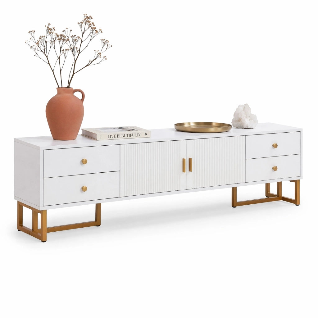 Mobile TV basso moderno in MDF bianco da 175 cm con 4 cassetti, 2 ante, vano centrale e piedi dorati, design testurizzato per soggiorno elegante