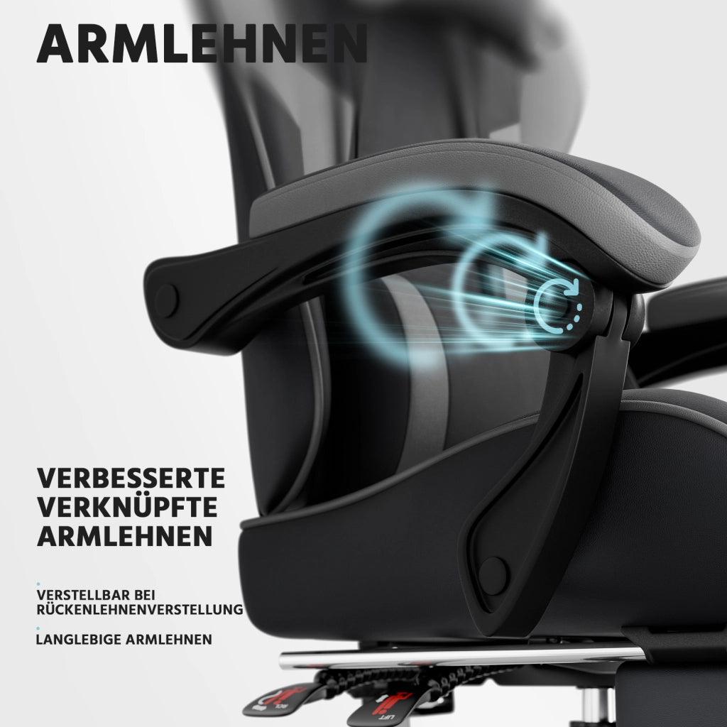 Sedia da ufficio ergonomica con schienale reclinabile, poggiapiedi e supporto lombare in pvc nero e grigio
