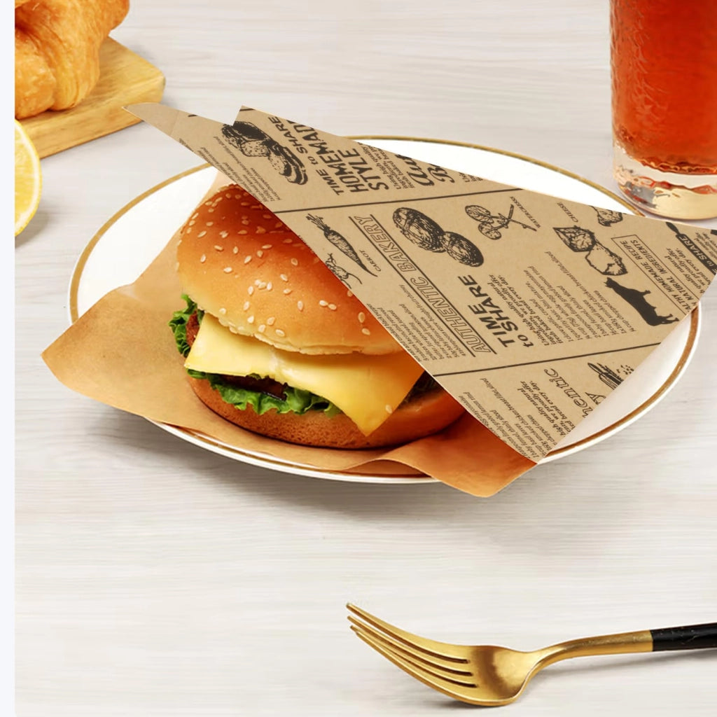 200 sacchetti di carta per hamburger, 15x15 cm, impermeabili ai grassi, con design simile a quello di un giornale