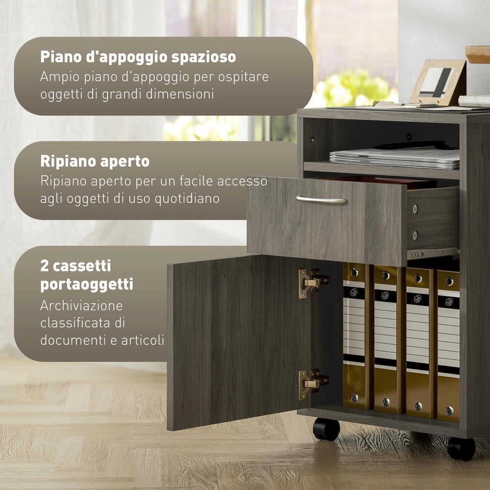 Cassettiera Portadocumenti con 4 Ruote e Ripiano Aperto, Mobiletto in Legno e Metallo, Pratico e Salvaspazio, per Casa e Ufficio, 40x35x60 cm, Grigio