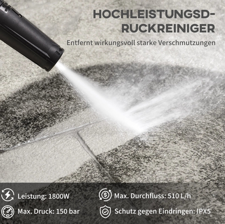 Idropulitrice 1800 W blu in alluminio, 150 bar con ruote, 5 pezzi