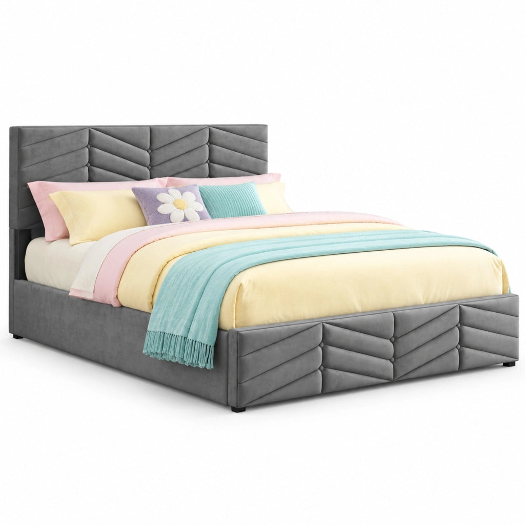 Letto matrimoniale imbottito 140x200 cm in velluto grigio con testiera regolabile e contenitore idraulico