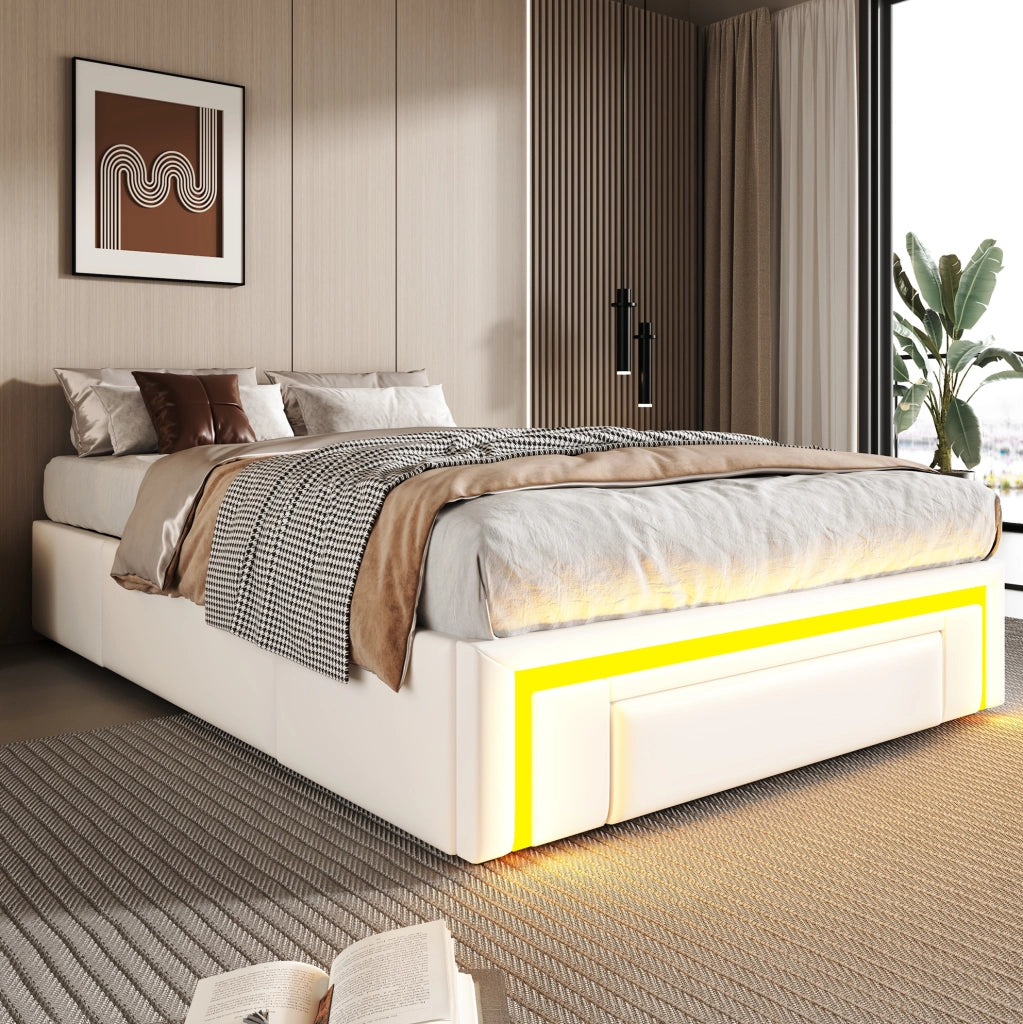 Letto singolo 90x200 cm con cassetti e luce LED RGB in PU; metallo e MDF; bianco