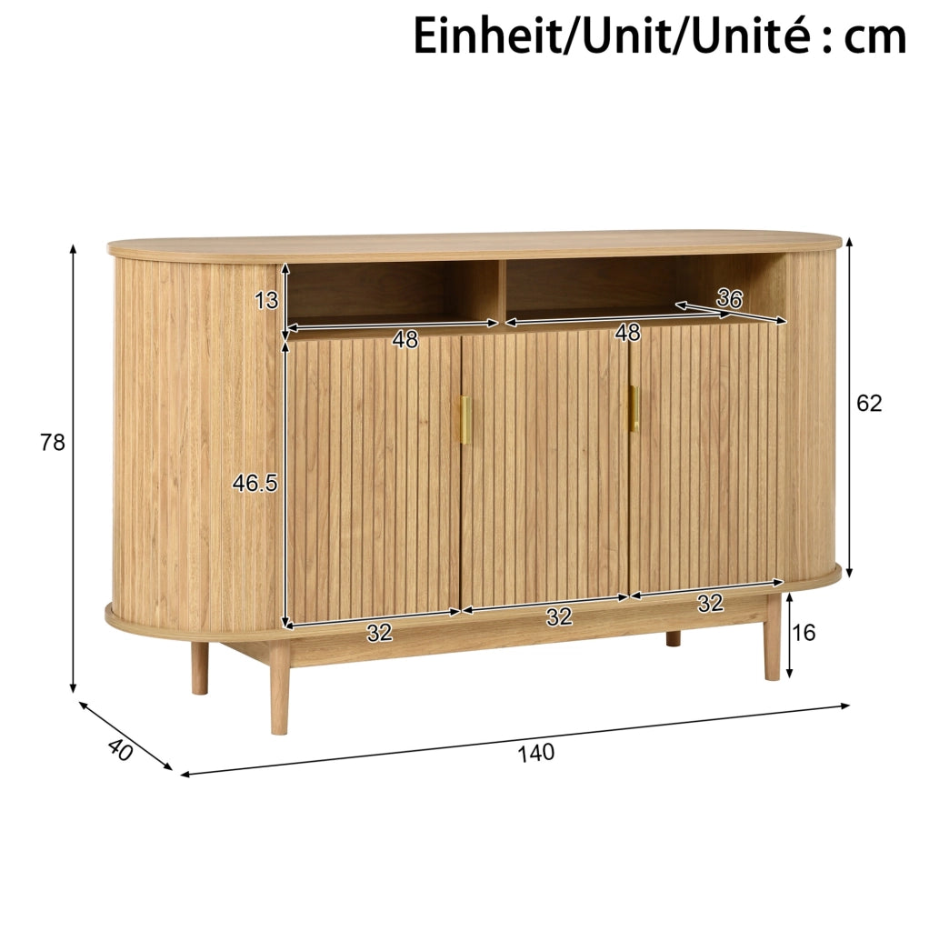 Credenza a 3 ante con frontale a righe verticali, 140 cm, finitura naturale