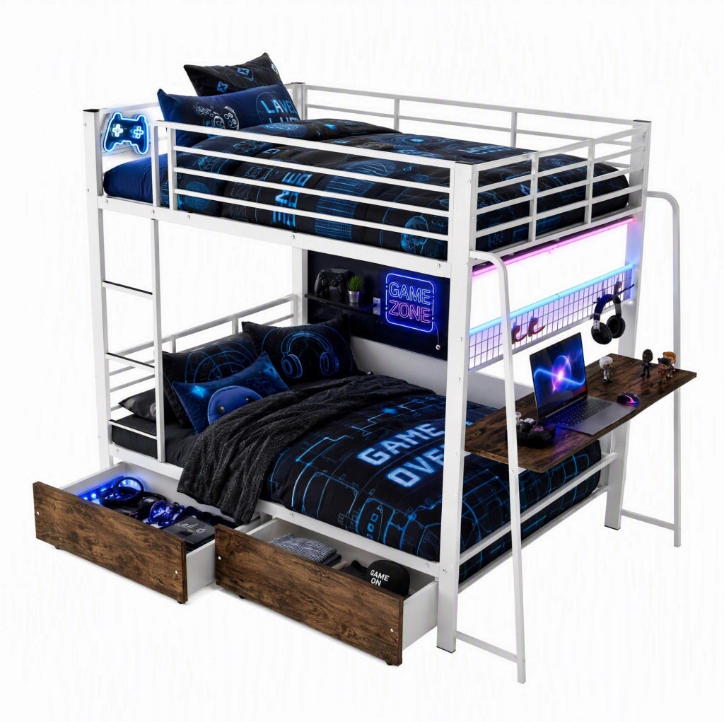 Letto a soppalco 140 x 200 cm con scrivania, cassetti e illuminazione LED, bianco opaco e noce
