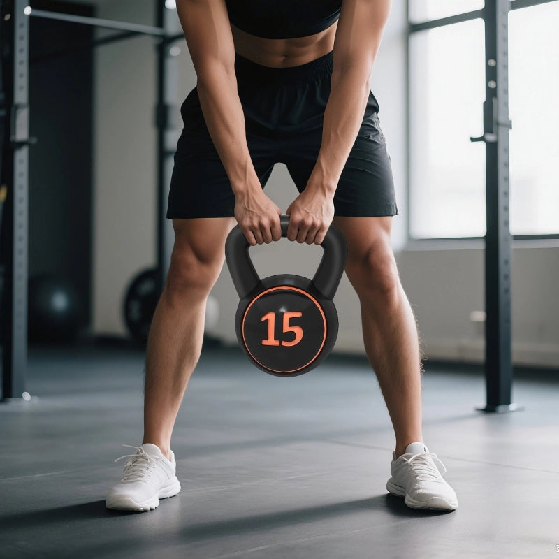 Set di kettlebell 3 pesi con base piatta in plastica nera, 2.2-6.8 kg, 16×12×18 cm
