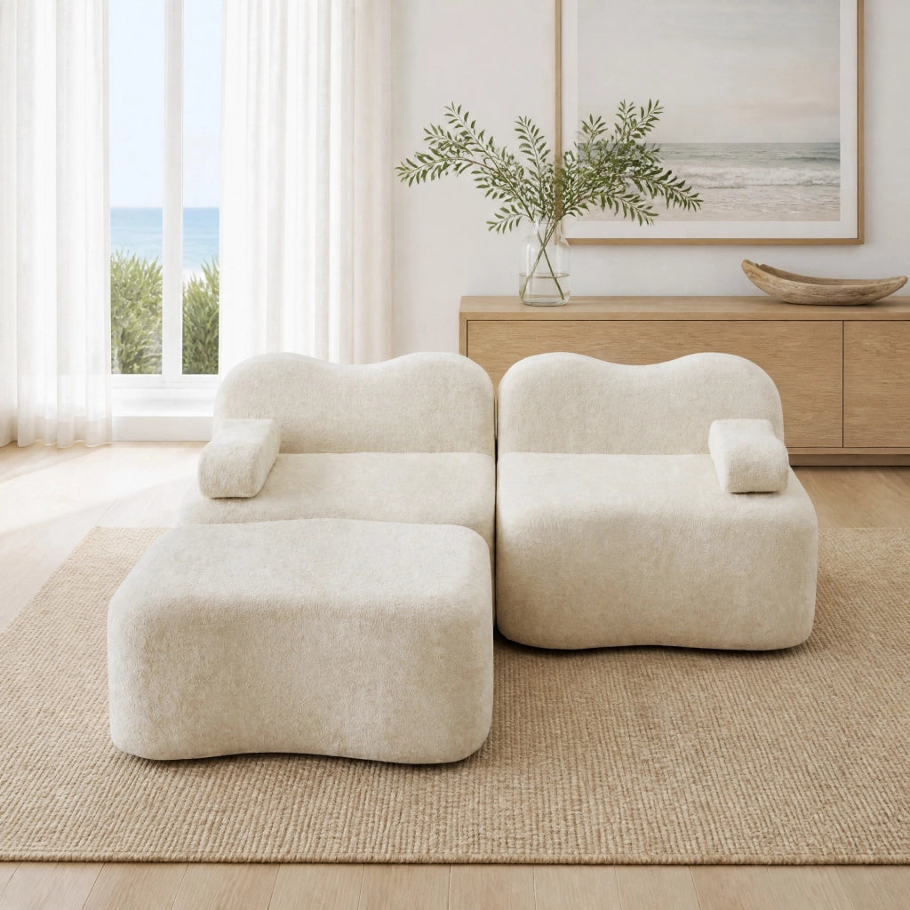 DIVANO angolare modulare 192x167x70 cm in velluto beige con pouf