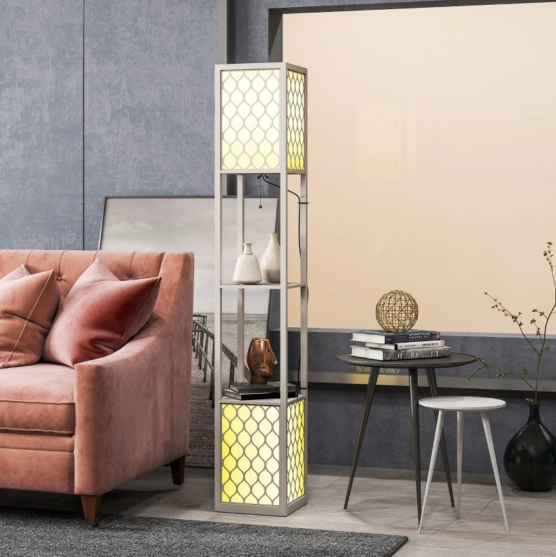 Lampada da Terra Moderna con 2 Ripiani, Interruttore a Catena, Grigio Chiaro, 26x26x156 cm