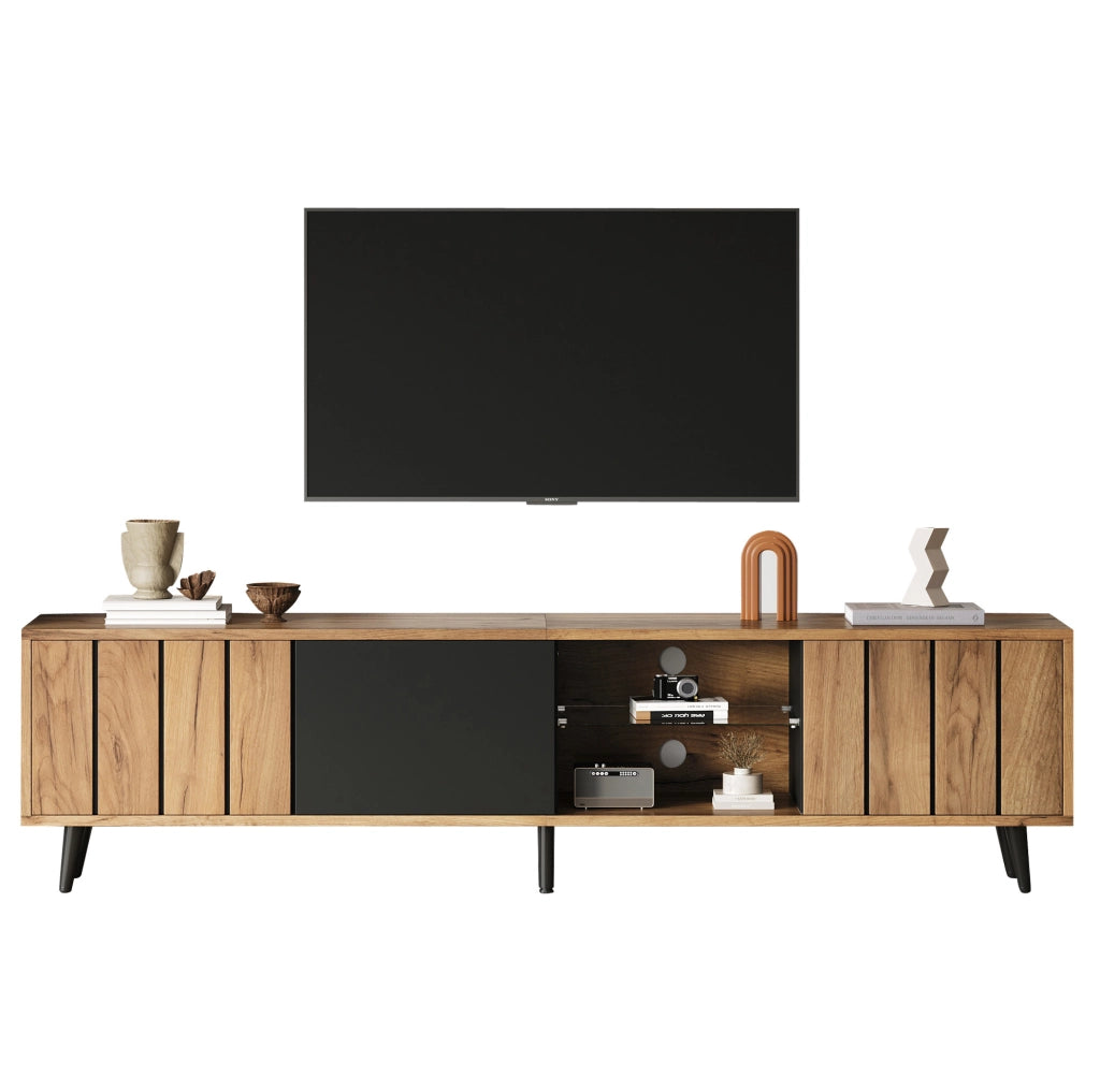 Mobile porta TV 175x31,5x45 cm con 3 armadietti, ripiano centrale in vetro temperato, adatto per TV fino a 75 pollici, finitura legno naturale e nero